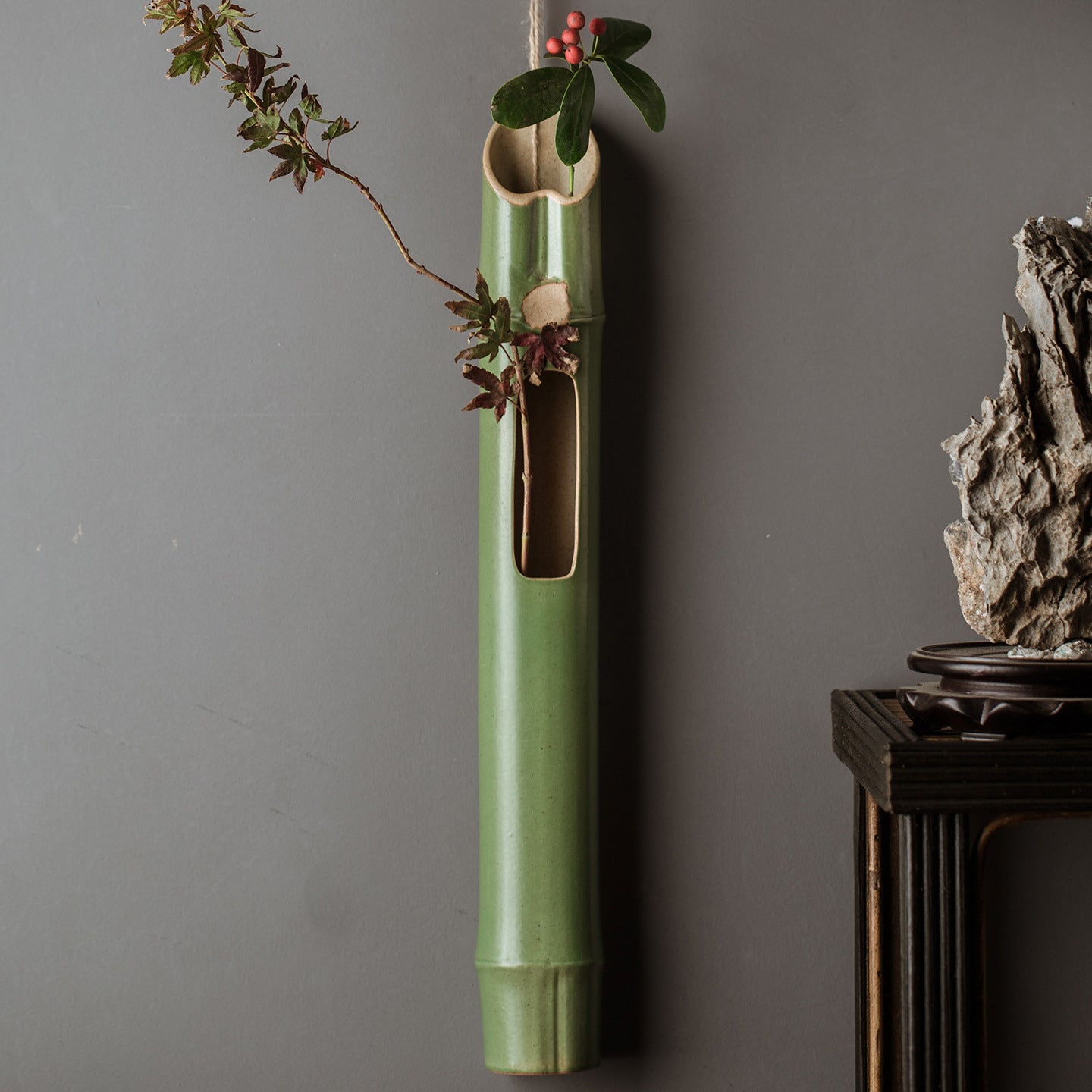 Serene Bamboo-Inspired Ceramic Wall Vase Set