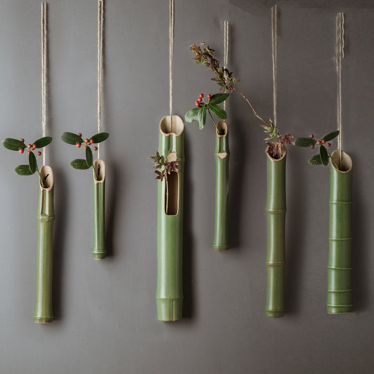 Serene Bamboo-Inspired Ceramic Wall Vase Set