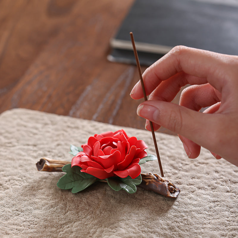 Handmade Peony Ceramic Incense Holder – Stick Incense Burner for Home Decor, Zen Meditation Gift