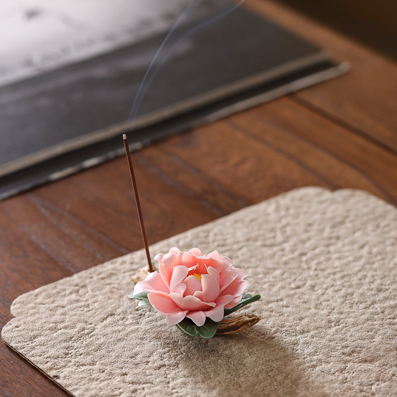 Handmade Peony Ceramic Incense Holder – Stick Incense Burner for Home Decor, Zen Meditation Gift
