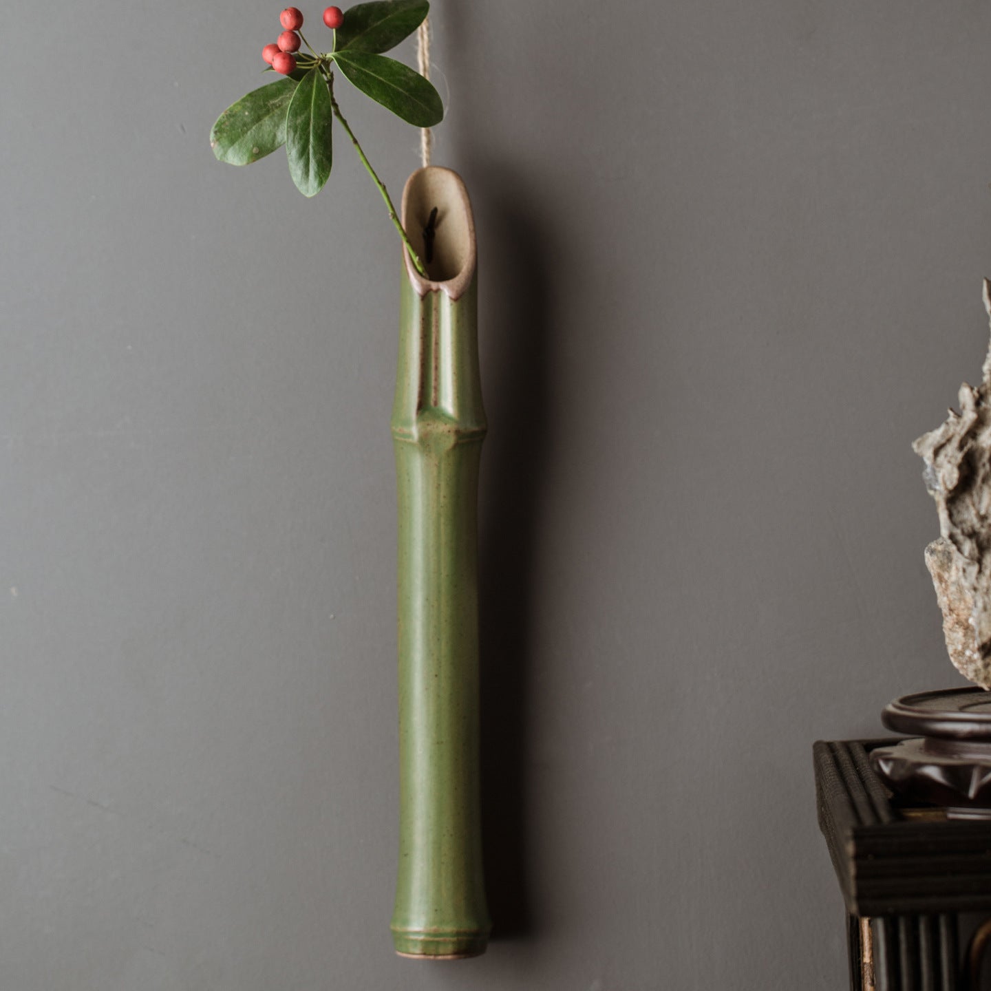 12-inch green bamboo ceramic flower vase for wall display