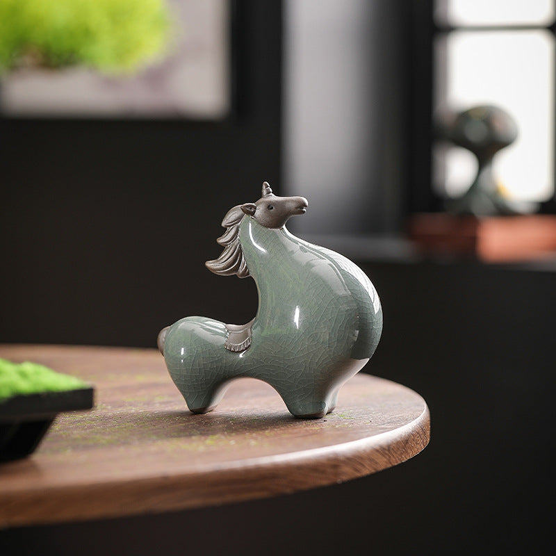 Qingyun style Tang Dynasty Horse ceramic ornament in celadon blue - Eastern Mystic Power