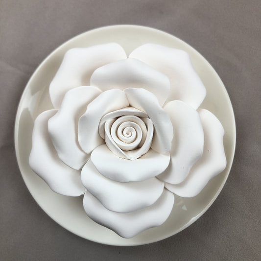 Handmade White Porcelain Rose Diffuser | Ceramic Flower with Saucer