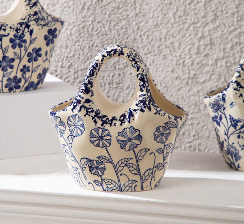 Chinoiserie Style Ceramic Tote Vase - Hand-Painted Blue Flower Porcelain Basket for Tulips and Dried Flowers