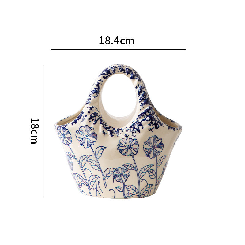 Hand-painted Morning Glory ceramic handbag vase - Blue and white porcelain floral basket