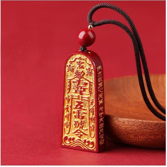 Five Thunder Command Taoist Amulet - Authentic Purple Gold Cinnabar Pendant
