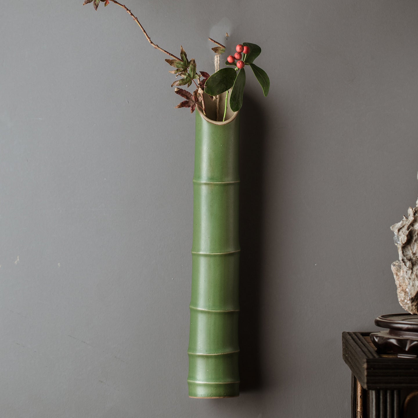 13-inch hanging Zen-style ceramic wall vase with rope hanger