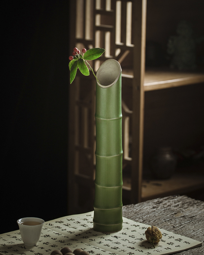 Serene Bamboo-Inspired Ceramic Wall Vase Set