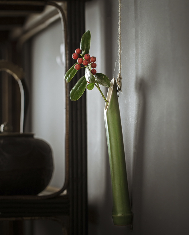 Serene Bamboo-Inspired Ceramic Wall Vase Set